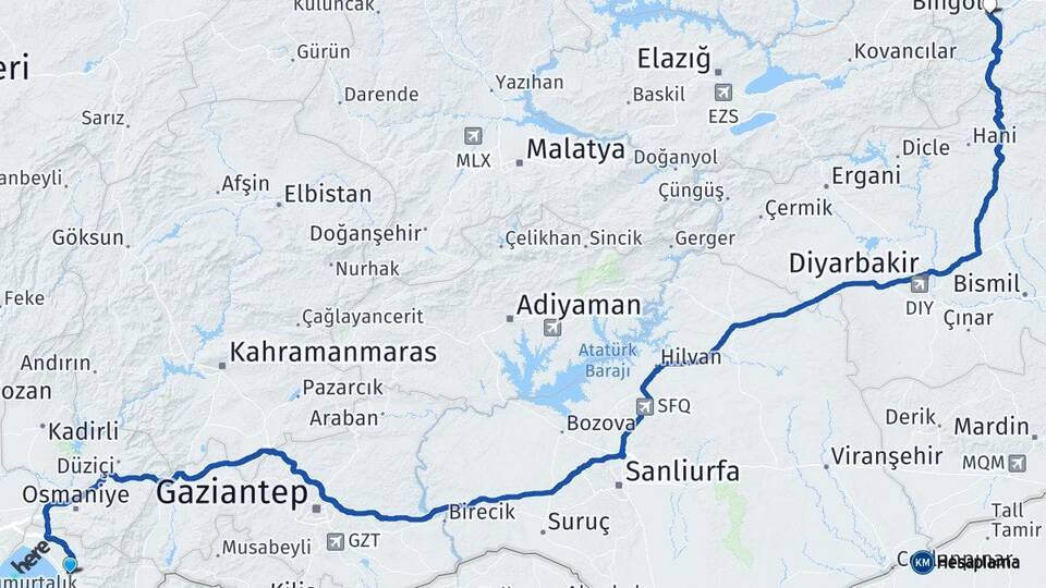 Hatay Dörtyol Bingöl Arası Kaç Km - Yol Haritası