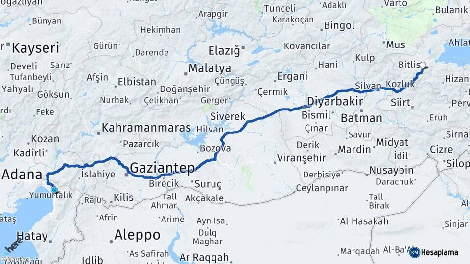 Hatay Dörtyol Bitlis Arası Kaç Km - Yol Haritası