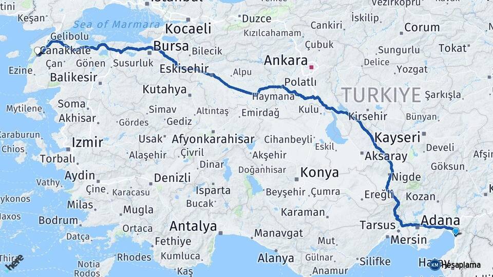 Hatay Dörtyol Çanakkale Arası Kaç Km - Yol Haritası