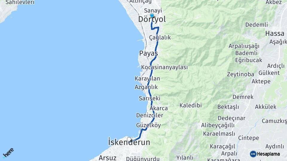 Hatay Dörtyol İskenderun Arası Kaç Km - Yol Haritası