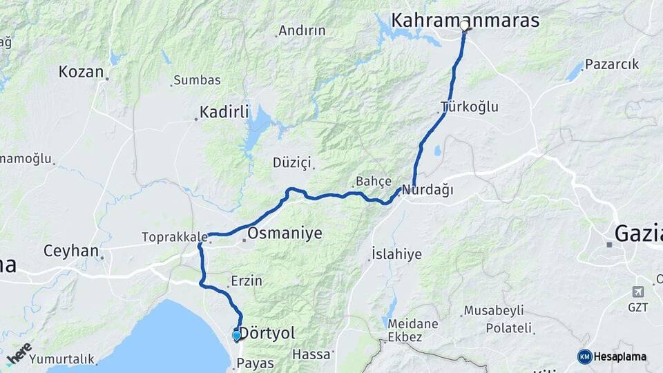 Hatay Dörtyol Kahramanmaraş Arası Kaç Km - Yol Haritası