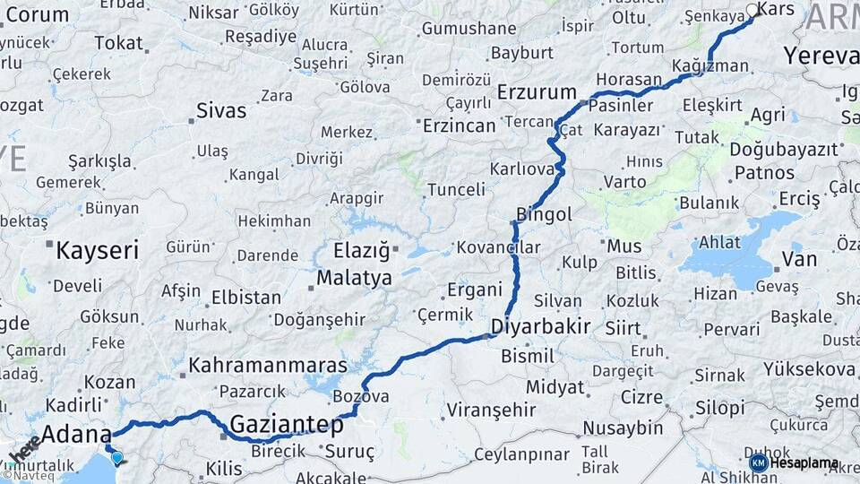 Hatay Dörtyol Kars Arası Kaç Km - Yol Haritası