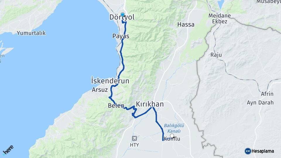 Hatay Dörtyol Kumlu Arası Kaç Km - Yol Haritası