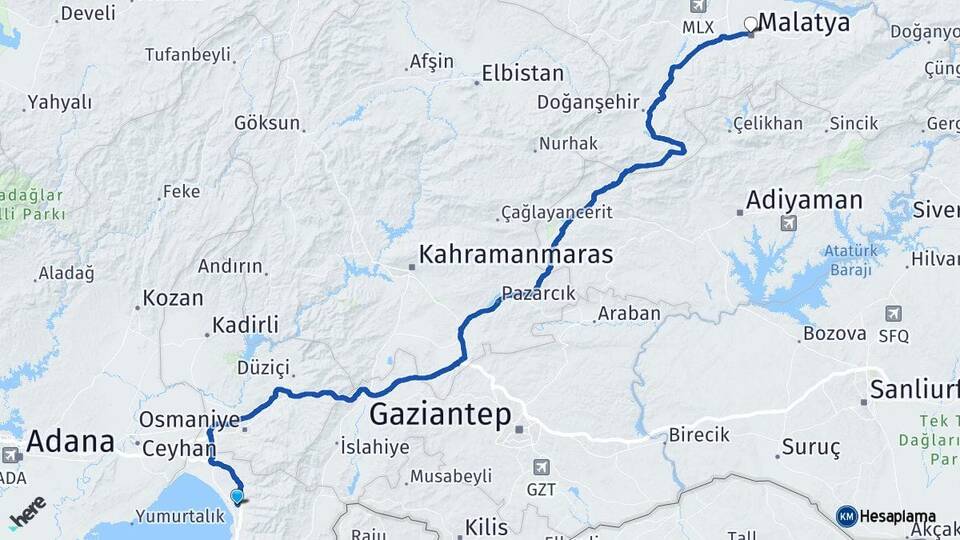 Hatay Dörtyol Malatya Arası Kaç Km - Yol Haritası