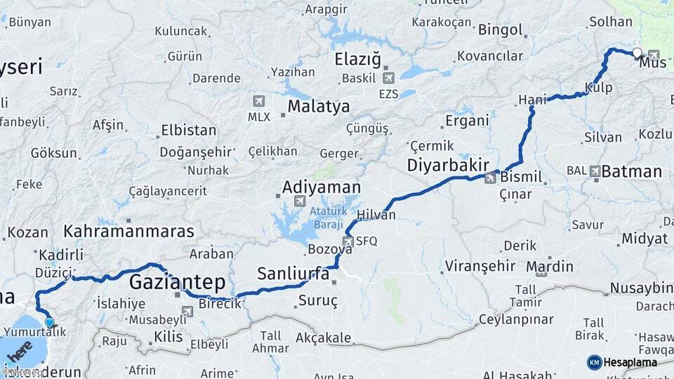 Hatay Dörtyol Muş Arası Kaç Km - Yol Haritası