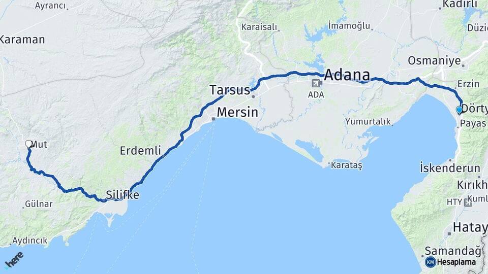 Hatay Dörtyol Mut Mersin Arası Kaç Km - Yol Haritası