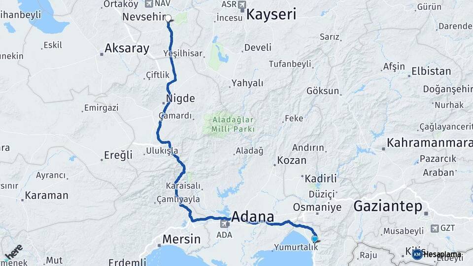 Hatay Dörtyol Nevşehir Arası Kaç Km - Yol Haritası