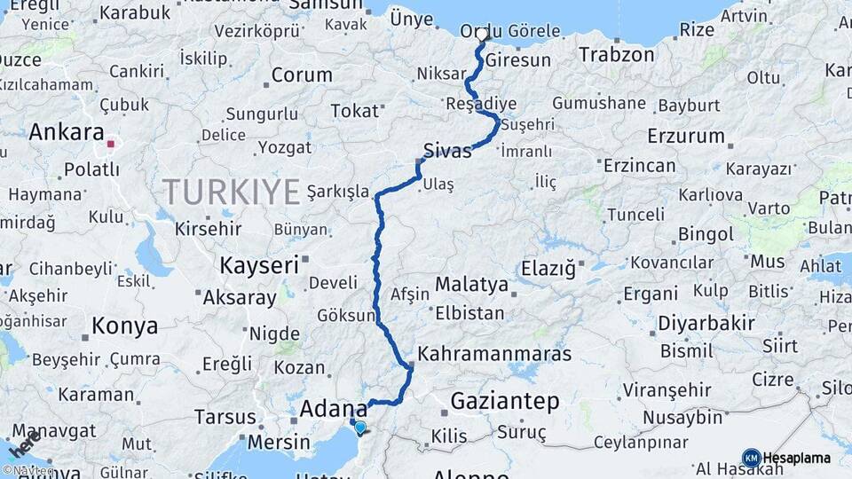 Hatay Dörtyol Ordu Arası Kaç Km - Yol Haritası