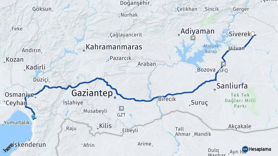 Hatay Dörtyol Siverek Şanlıurfa Arası Kaç Km - Yol Haritası