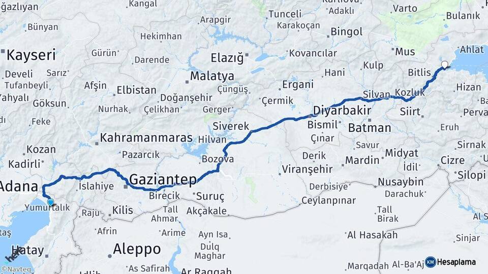 Hatay Dörtyol Tatvan Bitlis Arası Kaç Km - Yol Haritası