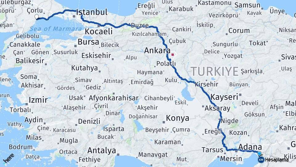 Hatay Dörtyol Tekirdağ Arası Kaç Km - Yol Haritası
