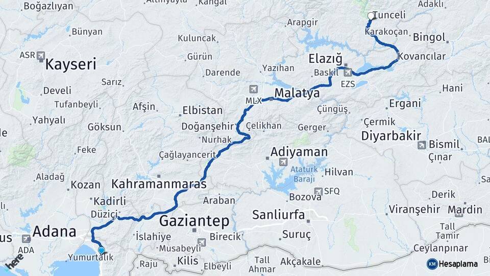 Hatay Dörtyol Tunceli Arası Kaç Km - Yol Haritası