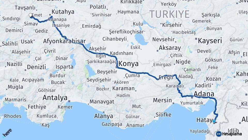 Hatay Emet Kütahya Arası Kaç Km - Yol Haritası