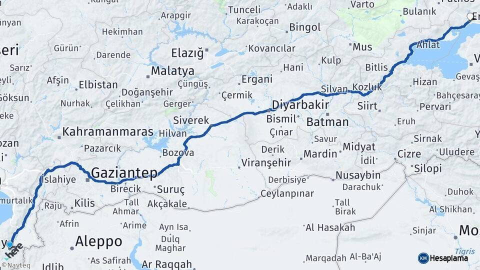Hatay Erciş Van Arası Kaç Km - Yol Haritası