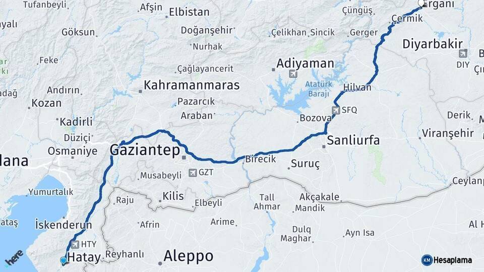 Hatay Ergani Diyarbakır Arası Kaç Km - Yol Haritası