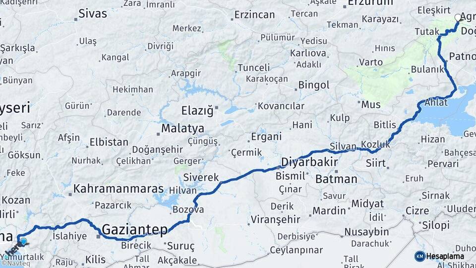 Hatay Erzin Ağrı Arası Kaç Km - Yol Haritası