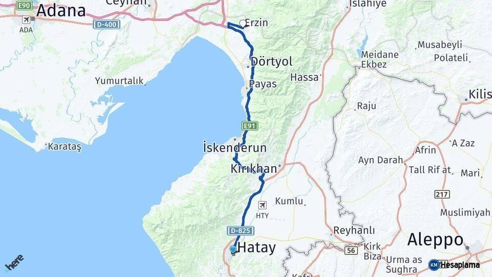 Hatay Erzin Arası Kaç Km - Yol Haritası