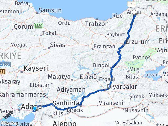 Hatay Erzin Artvin Arası Kaç Km - Yol Haritası