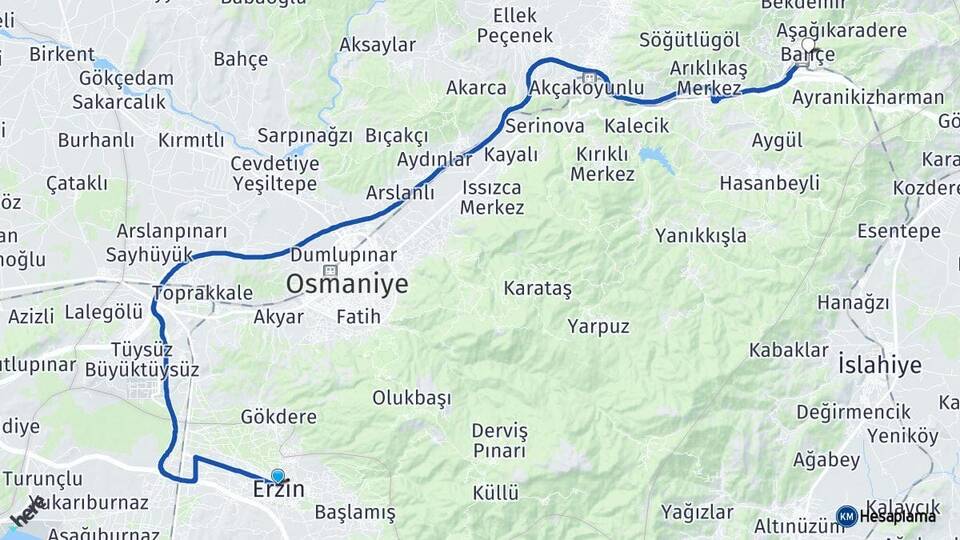 Hatay Erzin Bahçe Osmaniye Arası Kaç Km - Yol Haritası