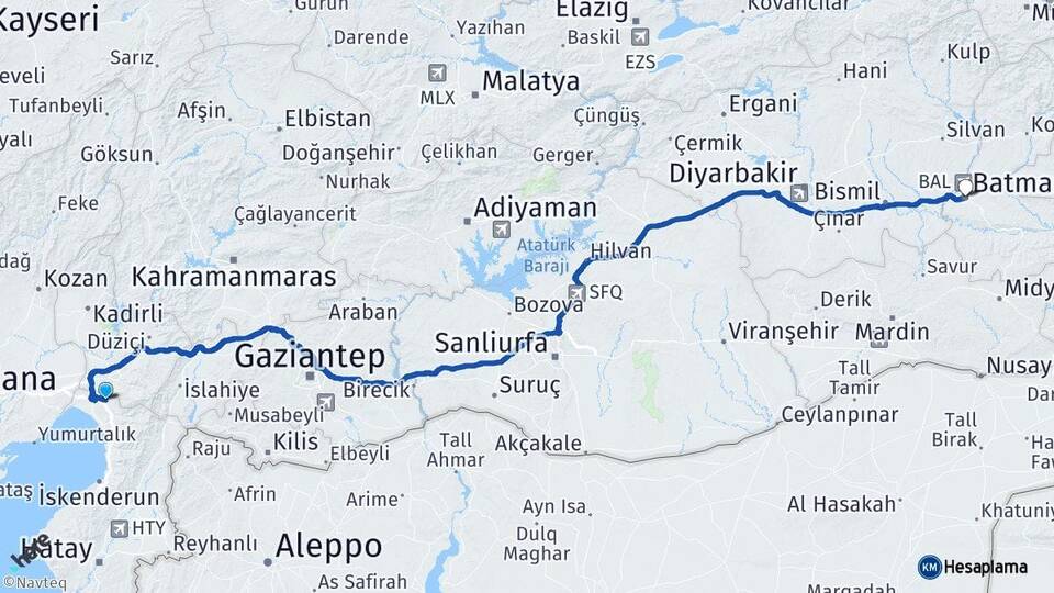 Hatay Erzin Batman Arası Kaç Km - Yol Haritası