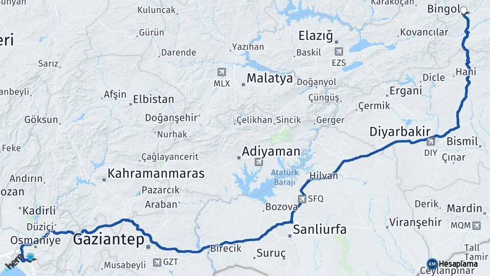 Hatay Erzin Bingöl Arası Kaç Km - Yol Haritası