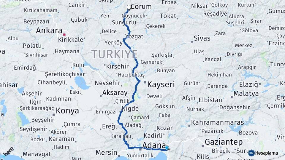 Hatay Erzin Çorum Arası Kaç Km - Yol Haritası