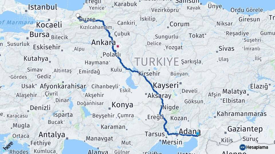 Hatay Erzin Düzce Arası Kaç Km - Yol Haritası