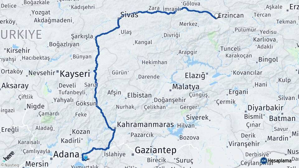 Hatay Erzin Erzincan Arası Kaç Km - Yol Haritası