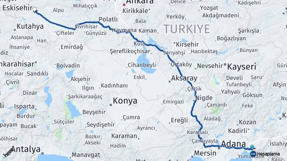Hatay Erzin Eskişehir Arası Kaç Km - Yol Haritası