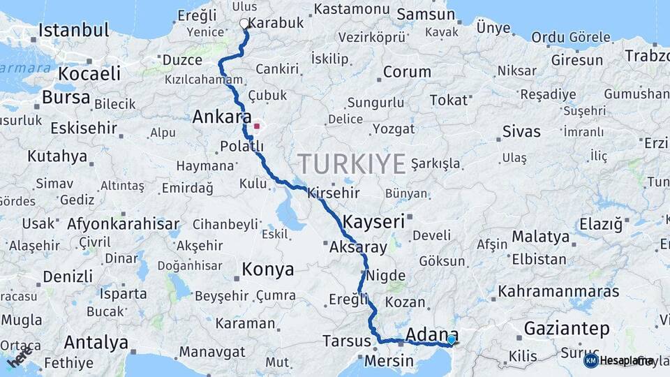 Hatay Erzin Karabük Arası Kaç Km - Yol Haritası