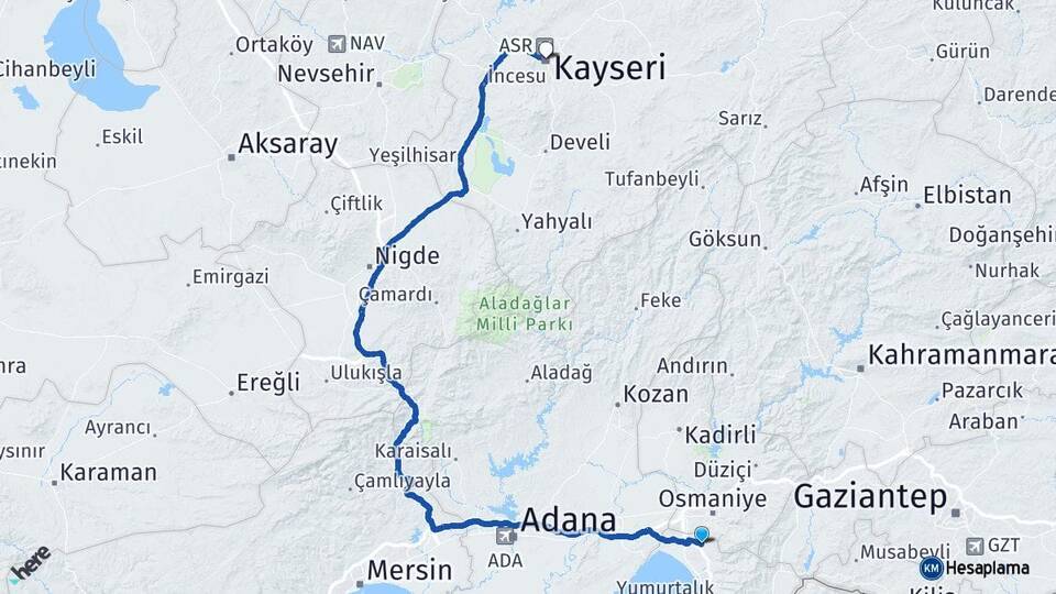 Hatay Erzin Kayseri Arası Kaç Km - Yol Haritası