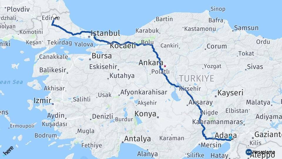 Hatay Erzin Kırklareli Arası Kaç Km - Yol Haritası