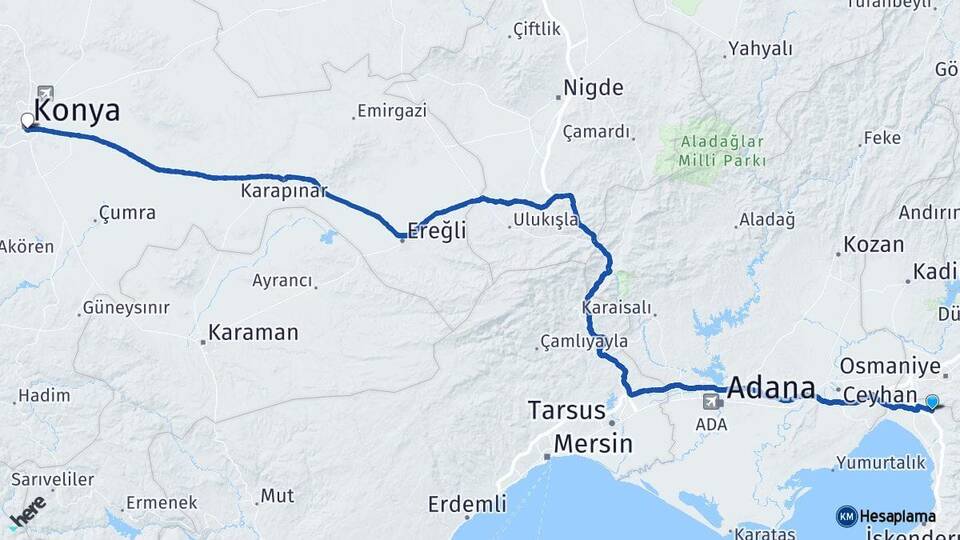 Hatay Erzin Konya Arası Kaç Km - Yol Haritası