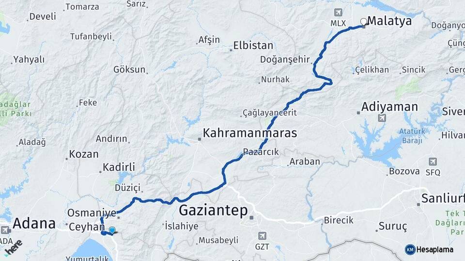Hatay Erzin Malatya Arası Kaç Km - Yol Haritası