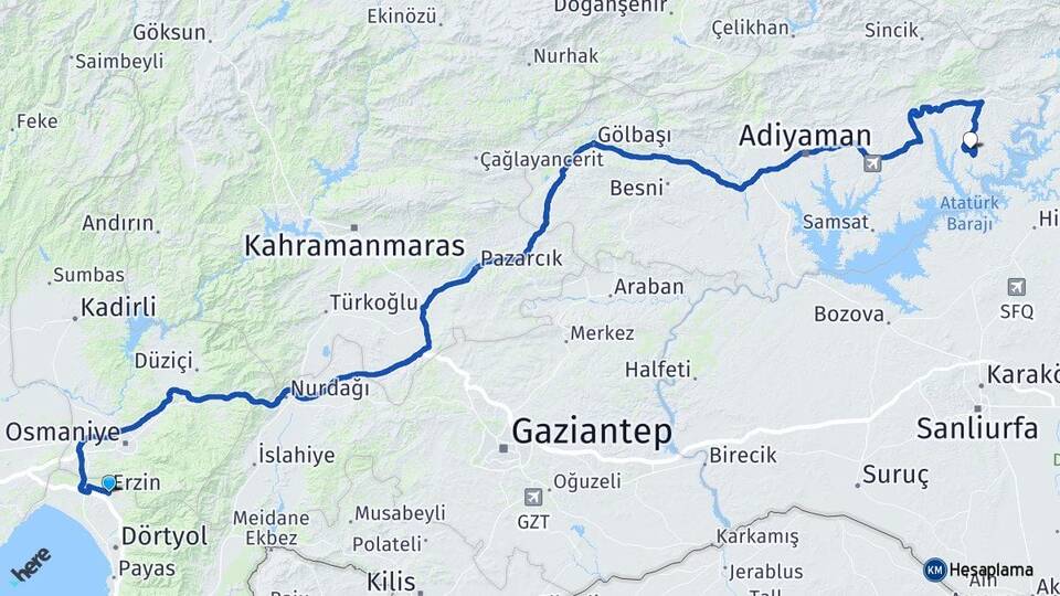 Hatay Erzin Menzil Kahta Adıyaman Arası Kaç Km - Yol Haritası