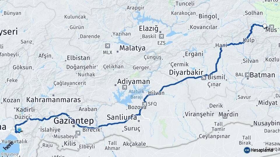Hatay Erzin Muş Arası Kaç Km - Yol Haritası