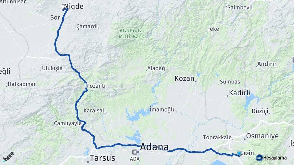 Hatay Erzin Niğde Arası Kaç Km - Yol Haritası