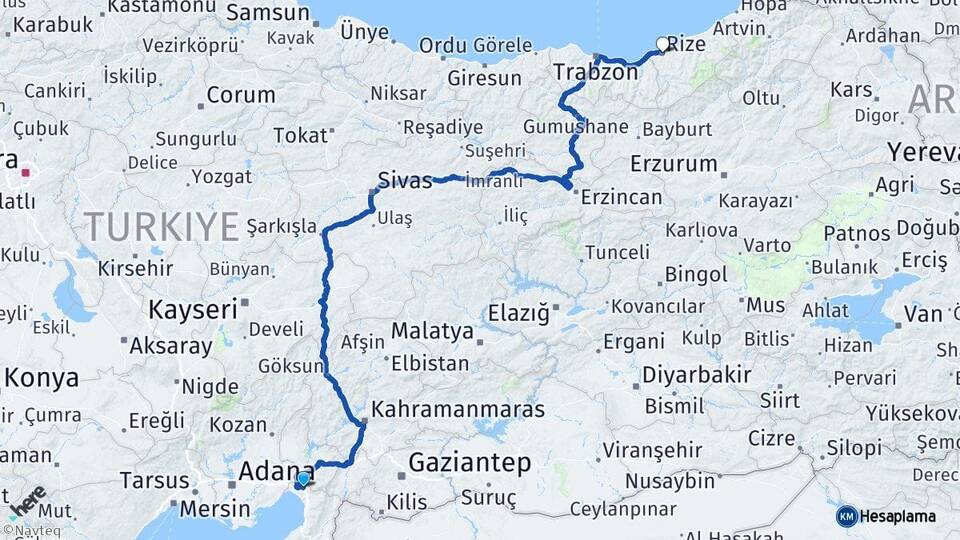 Hatay Erzin Rize Arası Kaç Km - Yol Haritası