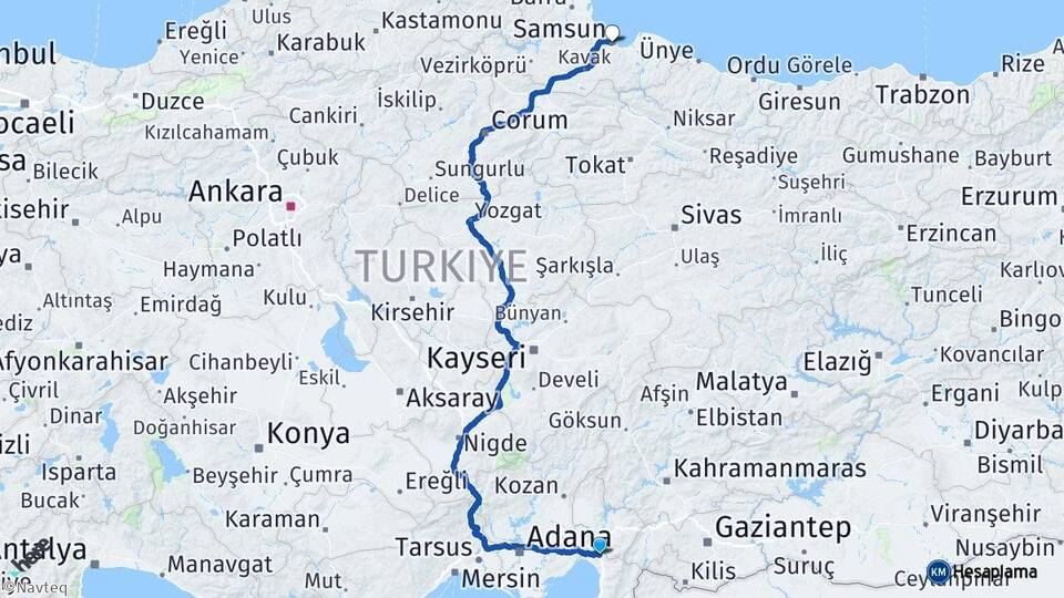 Hatay Erzin Samsun Arası Kaç Km - Yol Haritası