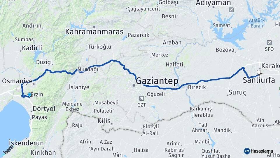 Hatay Erzin Şanlıurfa Arası Kaç Km - Yol Haritası