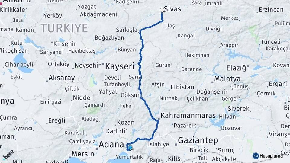Hatay Erzin Sivas Arası Kaç Km - Yol Haritası
