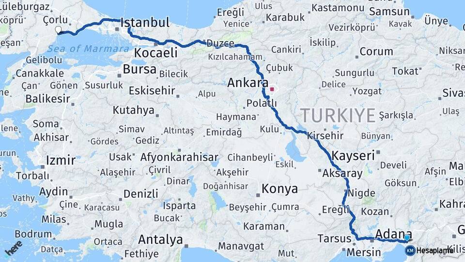 Hatay Erzin Tekirdağ Arası Kaç Km - Yol Haritası