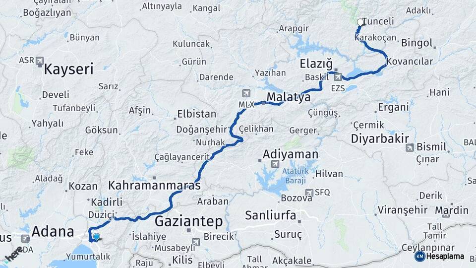Hatay Erzin Tunceli Arası Kaç Km - Yol Haritası
