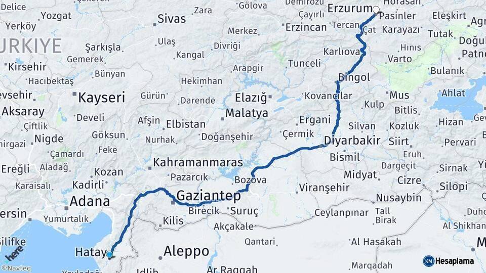 Hatay Erzurum Arası Kaç Km - Yol Haritası