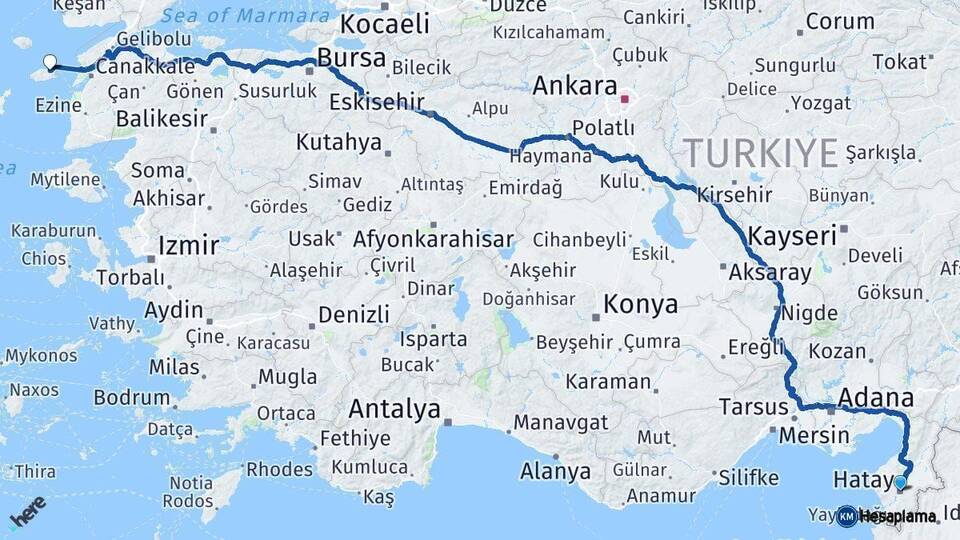 Hatay Gökçeada Çanakkale Arası Kaç Km - Yol Haritası