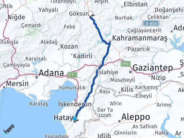 Hatay Göksun Kahramanmaraş Arası Kaç Km - Yol Haritası