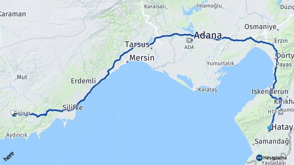 Hatay Gülnar Mersin Arası Kaç Km - Yol Haritası