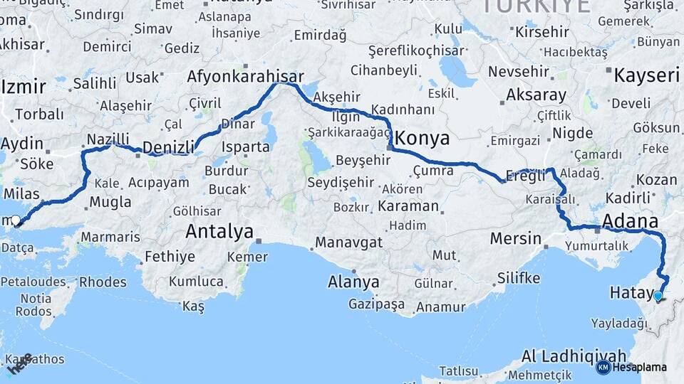 Hatay Gümbet Bodrum Muğla Arası Kaç Km - Yol Haritası
