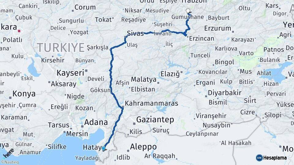 Hatay Gümüşhane Arası Kaç Km - Yol Haritası