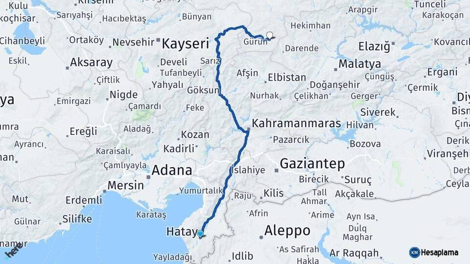 Hatay Gürün Sivas Arası Kaç Km - Yol Haritası